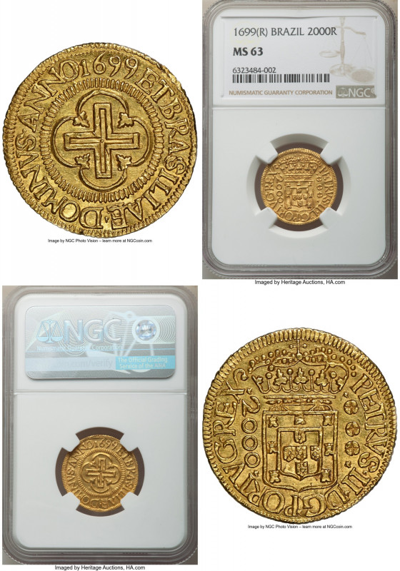 Pedro II gold 2000 Reis 1699-(R) MS63 NGC, Rio de Janeiro mint, KM97, LMB-29. "P...