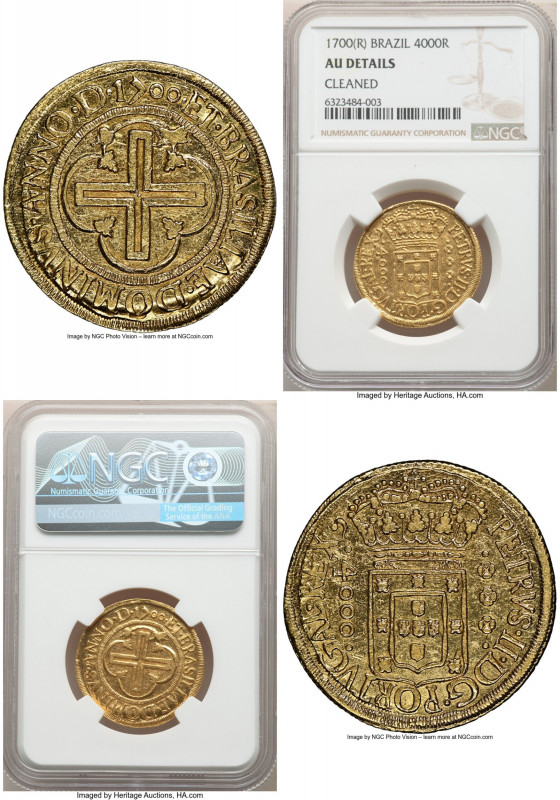 Pedro II gold 4000 Reis 1700 AU Details (Cleaned) NGC, Rio de Janeiro mint, KM98...