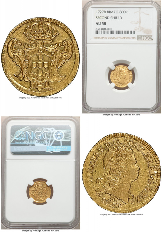 João V gold 800 Reis 1727-B AU58 NGC, Bahia mint, KM123, LMB-88. Second shield t...