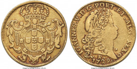 João V gold 6400 Reis 1729/8-R, Rio de Janeiro mint, cf. KM136 (Rare; overdate not listed), Prober-264 (Rare; same), LMB-190 (same), Bentes-115.06 (R3...