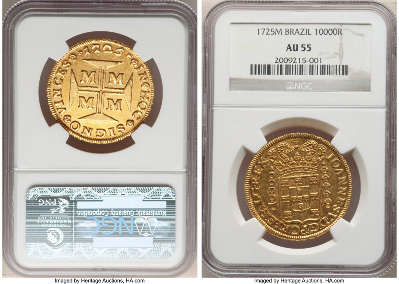 João V gold 10000 Reis 1725-M AU55 NGC, Minas Gerais mint, KM116, LMB-245. The m...