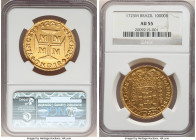 João V gold 10000 Reis 1725-M AU55 NGC, Minas Gerais mint, KM116, LMB-245. The more attainable fraction of the "Dobrões" series, a 1/2 Dobrão. Struck ...