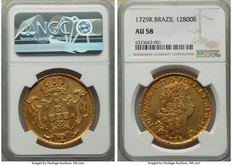 João V gold 12800 Reis (Dobra) 1729-R AU58 NGC, Rio de Janeiro mint, KM140, LMB-...