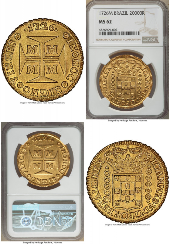 João V gold 20000 Reis 1726-M MS62 NGC, Minas Gerais mint, KM117, LMB-250. The p...