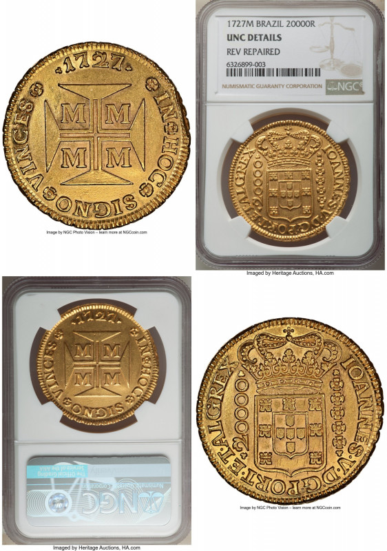 João V gold 20000 Reis 1727-M UNC Details (Reverse Repaired) NGC, Minas Gerais m...