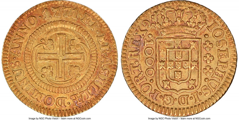 Jose I gold "Large Size" 1000 Reis 1771-(L) AU55 NGC, Lisbon mint, KM162.1, LMB-...