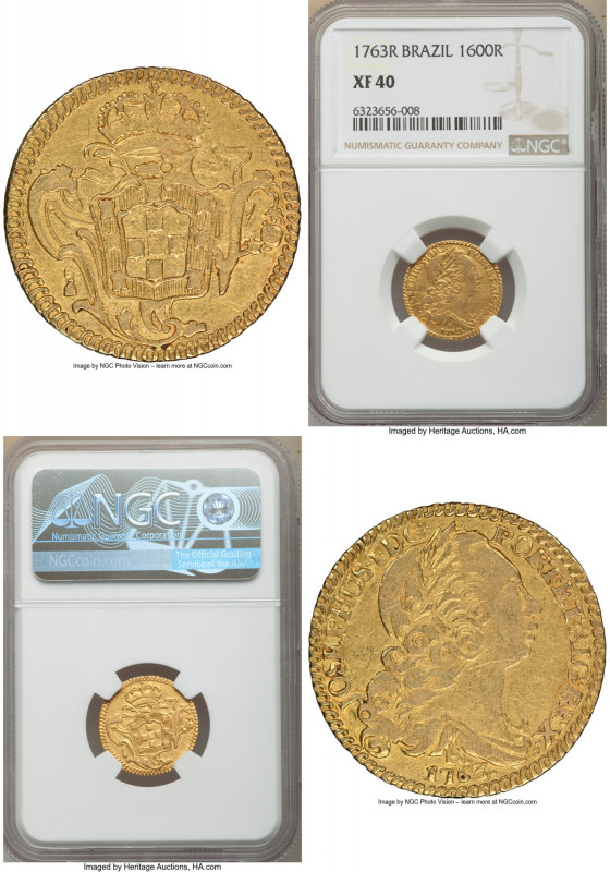 Jose I gold 1600 Reis 1763-R XF40 NGC, Rio de Janeiro mint, KM181.2, LMB-411. An...