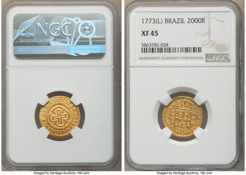 Jose I gold "Reduced Size" 2000 Reis 1773-(L) XF45 NGC, Lisbon mint, KM198, LMB-...
