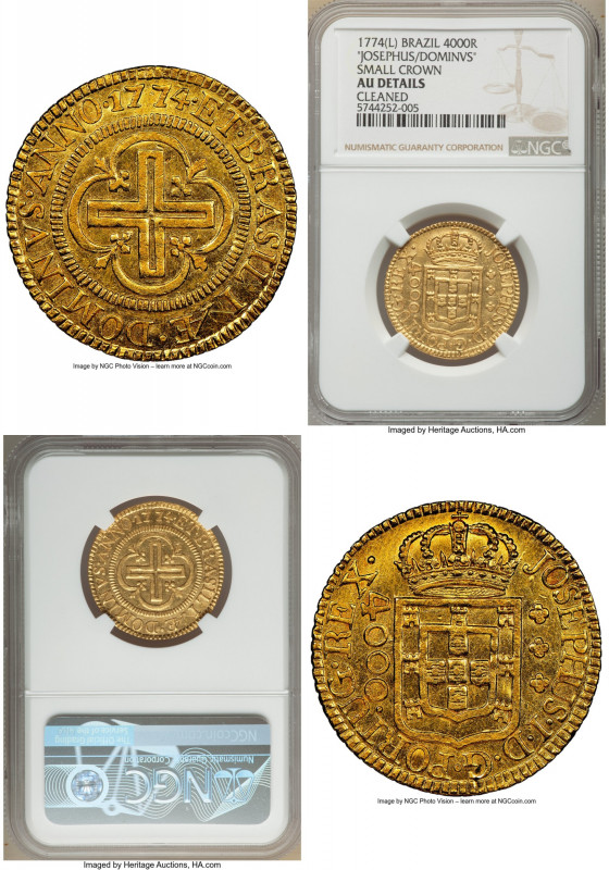 Jose I "Inverted Reverse" gold 4000 Reis 1774-(L) AU Details (Cleaned) NGC, Lisb...