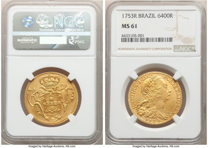 Jose I gold 6400 Reis 1753-R MS61 NGC, Rio de Janeiro mint, KM172.2, LMB-421. An...