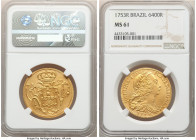 Jose I gold 6400 Reis 1753-R MS61 NGC, Rio de Janeiro mint, KM172.2, LMB-421. An early date from Jose I, bearing crisp devices and muted golden surfac...