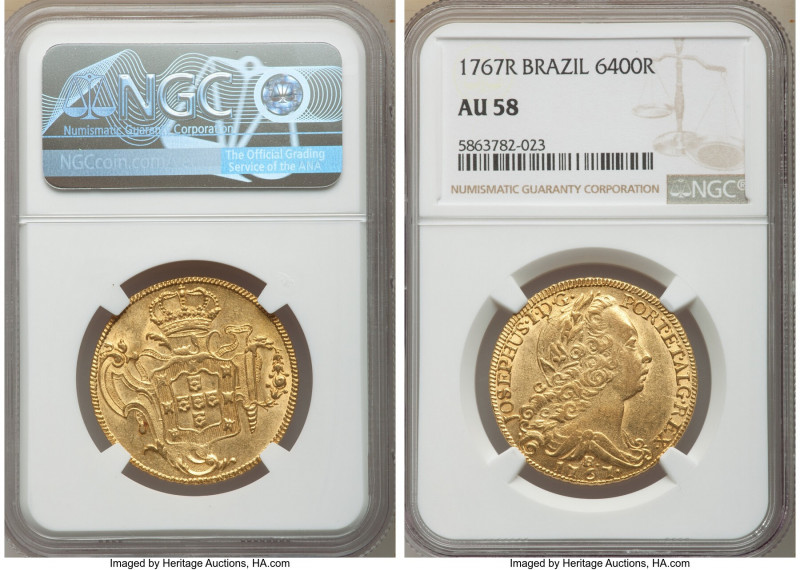Jose I gold 6400 Reis 1767-R AU58 NGC, Rio de Janeiro mint, KM172.2, LMB-435. We...