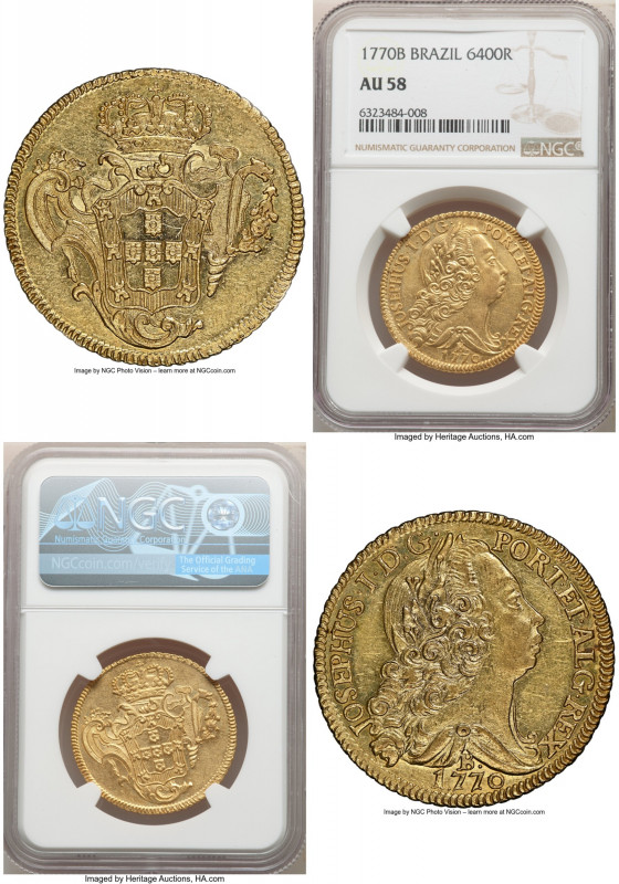 Jose I gold 6400 Reis 1770-B AU58 NGC, Bahia mint, KM172.1, LMB-400. A deeply-en...