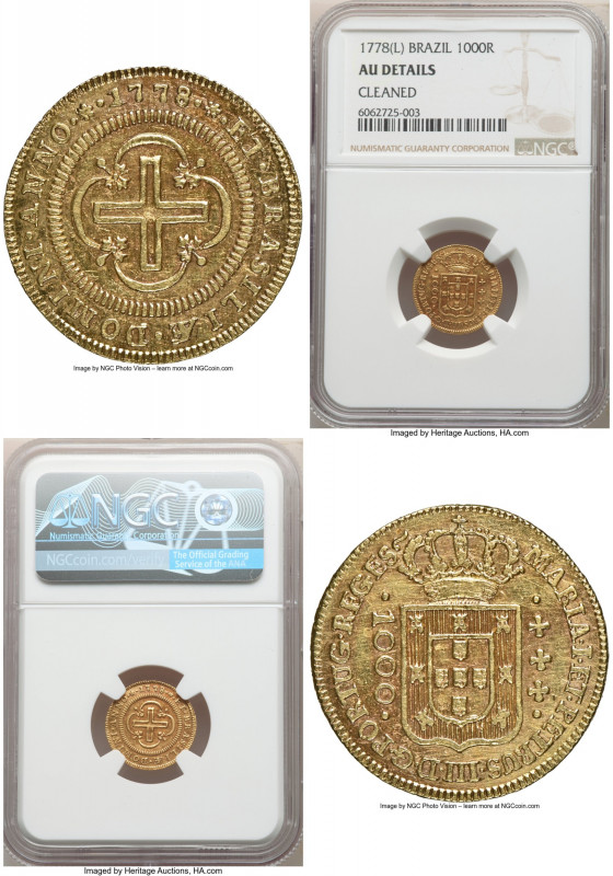 Maria I & Pedro III gold 1000 Reis 1778-(L) AU Details (Cleaned) NGC, Lisbon min...