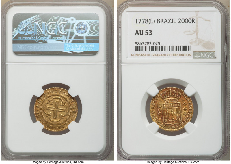 Maria I & Pedro III gold 2000 Reis 1778-(L) AU53 NGC, Lisbon mint, KM209, LMB-45...