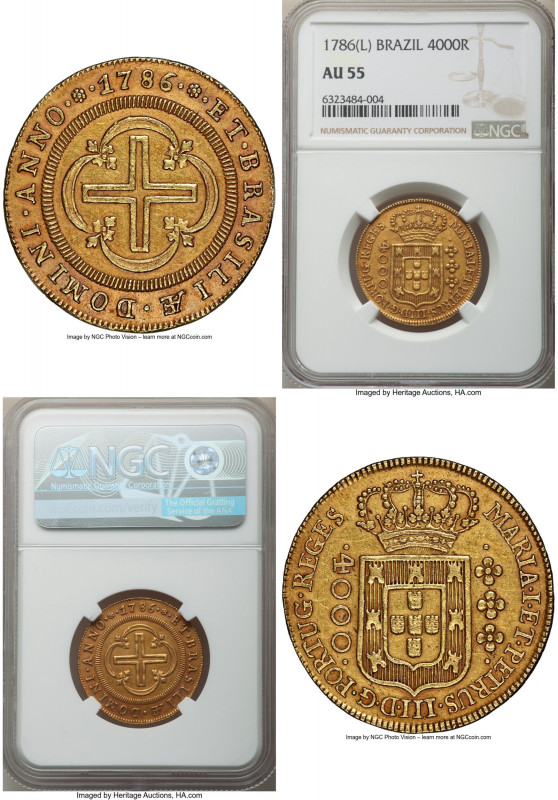 Maria I & Pedro III gold 4000 Reis 1786-(L) AU55 NGC, Lisbon mint, KM210, LMB-45...