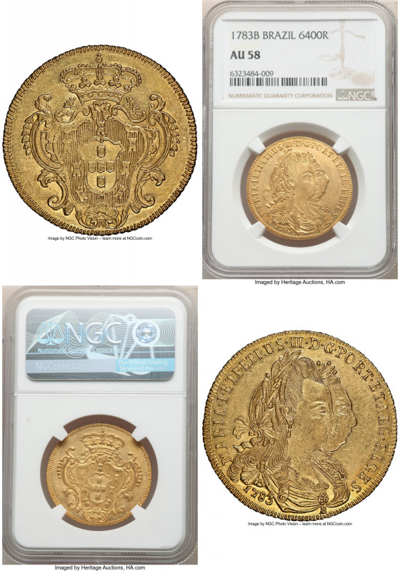 Maria I and Pedro III gold 6400 Reis 1783-B AU58 NGC, Bahia mint, KM199.1, LMB-4...