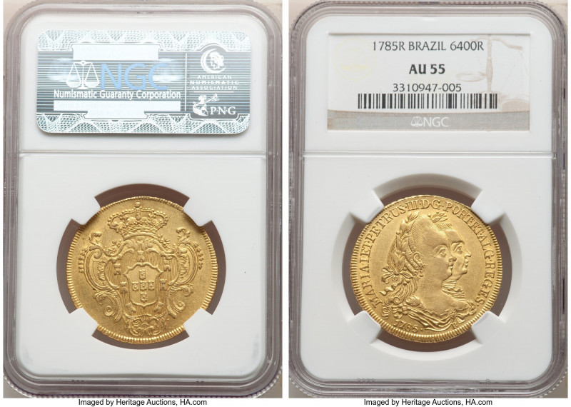 Maria I & Pedro III gold 6400 Reis 1785-R AU55 NGC, Rio de Janeiro mint, KM199.2...