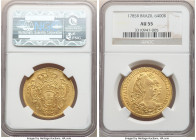 Maria I & Pedro III gold 6400 Reis 1785-R AU55 NGC, Rio de Janeiro mint, KM199.2, LMB-467. The penultimate year of this consort reign, offered here wi...
