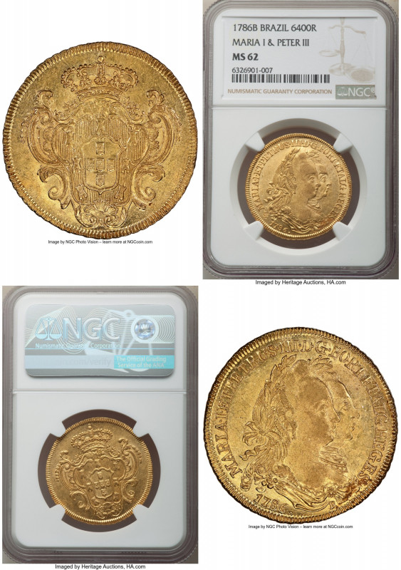 Maria I & Pedro III gold 6400 Reis 1786-B MS62 NGC, Bahia mint, KM199.1, LMB-491...
