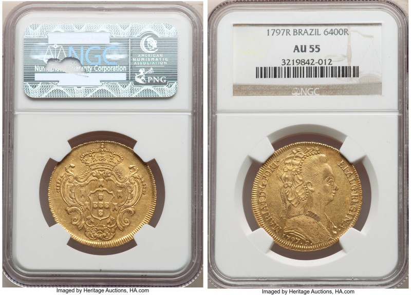 Maria I gold 6400 Reis 1797-R AU55 NGC, Rio de Janeiro mint, KM226.1, LMB-535. G...