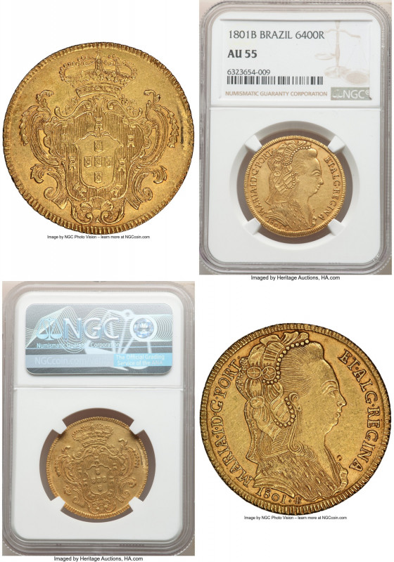 Maria I gold 6400 Reis 1801-B AU55 NGC, Bahia mint, KM226.2, LMB-518. Occupied b...
