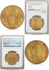 Maria I gold 6400 Reis 1801-B AU55 NGC, Bahia mint, KM226.2, LMB-518. Occupied by antique-gold toning over well-defined and only mildly handled periph...