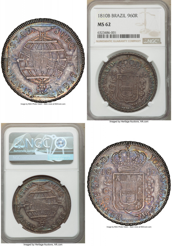 João Prince Regent 960 Reis 1810-B MS62 NGC, Bahia mint, KM307.1, LMB-395. Overs...