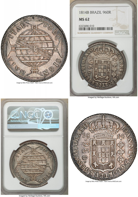 João Prince Regent 960 Reis 1814-B MS62 NGC, Bahia mint, KM307.1, LMB-399. Overs...