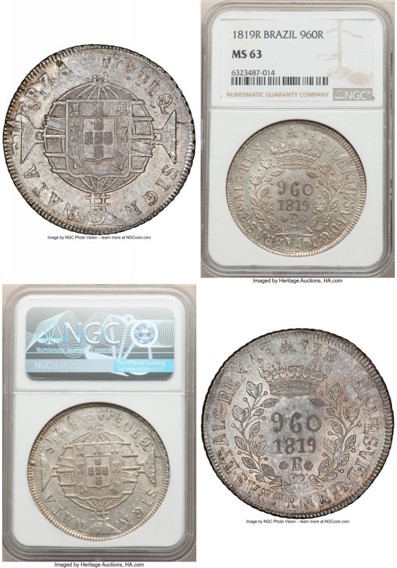 João VI 960 Reis 1819-R MS63 NGC, Rio de Janeiro mint, KM326.1, LMB-477b. Vertic...