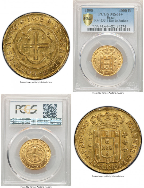João Prince Regent gold 4000 Reis 1808-(R) MS64+ PCGS, Rio de Janeiro mint, KM23...
