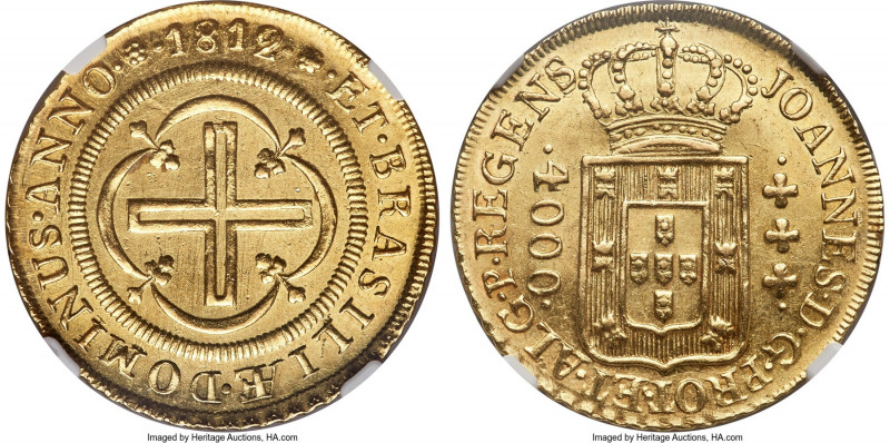 João Prince Regent gold 4000 Reis 1812/1-(R) MS61 NGC, Rio de Janeiro mint, KM23...