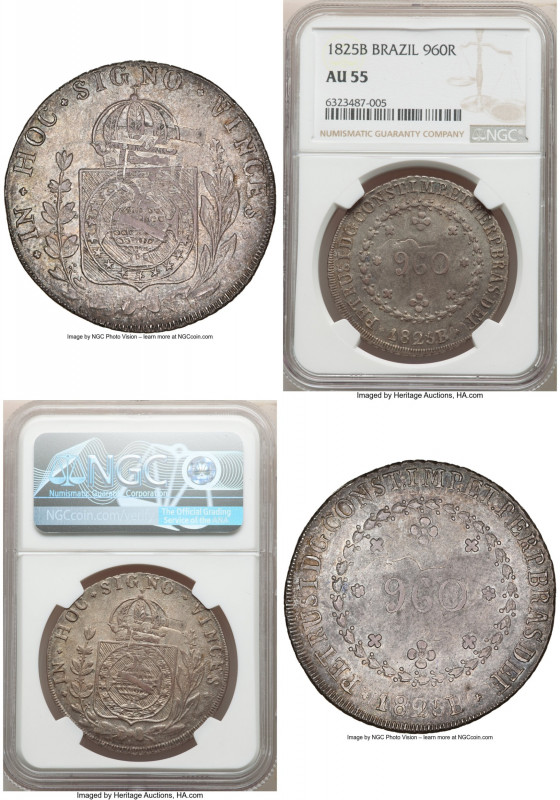 Pedro I 960 Reis 1825-B AU55 NGC, Bahia mint, KM368.2, LMB-510. Overstruck on a ...
