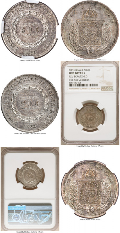 Pedro II "Inclined Reverse" 500 Reis 1863 UNC Details (Reverse Scratched) NGC, R...