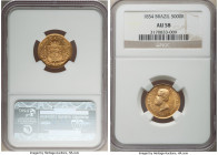 Pedro II gold 5000 Reis 1854 AU58 NGC, Rio de Janeiro mint, KM470, LMB-637. The first year of issue, offered here in near-Mint State condition with cr...