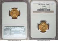 Pedro II gold 5000 Reis 1855 AU58 NGC, Rio de Janeiro mint, KM470, LMB-638. Showing a satin sheen over the sharply struck devices. 

HID09801242017

©...