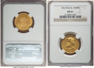 Pedro II gold 10000 Reis 1853 MS61 NGC, Rio de Janeiro mint, KM467, LMB-643. First year of issue, presenting sharp devices and cartwheel luster. 

HID...