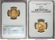 Pedro II gold 10000 Reis 1854 MS63 NGC, Rio de Janeiro mint, KM467, LMB-644. A glossy selection, abundant in cartwheel luster across the full-defined ...
