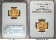 Pedro II gold 10000 Reis 1856 MS61 NGC, Rio de Janeiro mint, KM467, LMB-646. Conservatively graded, presenting deeply engraved devices upon luminous s...