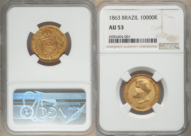 Pedro II gold 10000 Reis 1863 AU53 NGC, Rio de Janeiro mint, KM467, LMB-651. The...