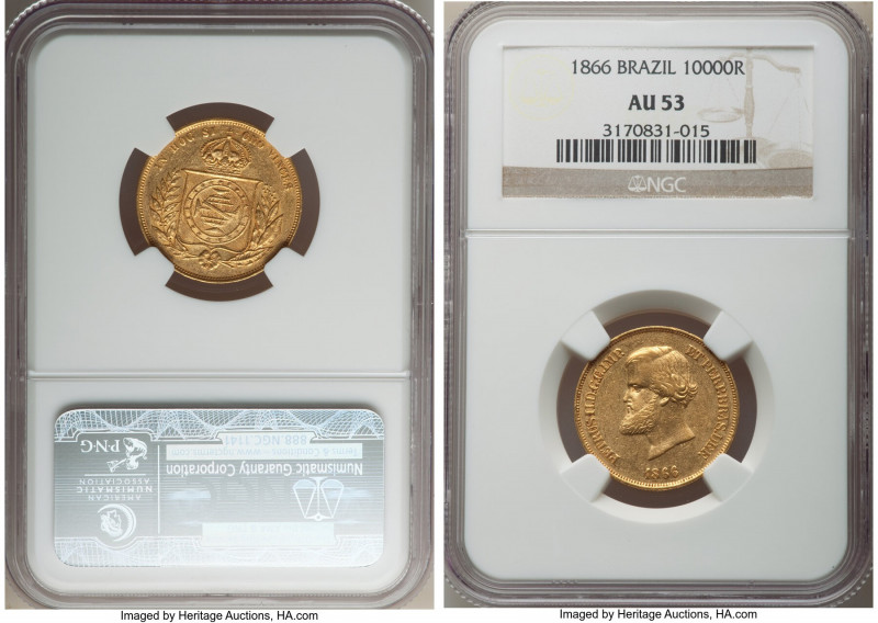 Pedro II gold 10000 Reis 1866 AU53 NGC, Rio de Janeiro mint, KM467, LMB-653. A c...