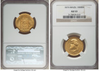 Pedro II gold 10000 Reis 1875 AU53 NGC, Rio de Janeiro mint, KM467, LMB-659. Mildly handled motifs and trace luster to the recesses. 

HID09801242017
...