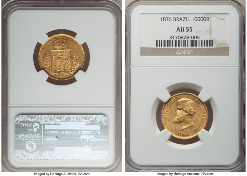 Pedro II gold 10000 Reis 1876 AU55 NGC, Rio de Janeiro mint, KM467, LMB-660. A s...
