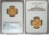 Pedro II gold 10000 Reis 1876 AU55 NGC, Rio de Janeiro mint, KM467, LMB-660. A sharp piece, showing untoned surfaces with flares of luster to the fiel...