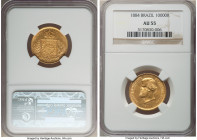 Pedro II gold 10000 Reis 1884 AU55 NGC, Rio de Janeiro mint, KM467, LMB-667. Sharp and well-defined motifs, with lots of luster glowing from the field...
