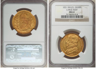 Pedro II gold 20000 Reis 1851 MS61 NGC, Rio de Janeiro mint, KM461, LMB-634. "Tucan" bust variety. Depicting the emperor with a chin strap beard and a...