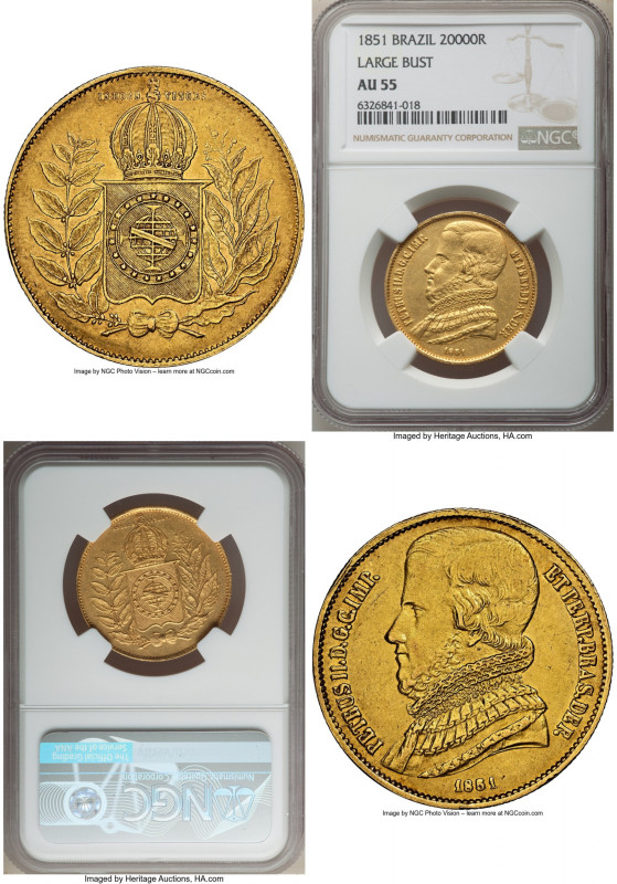 Pedro II gold 20000 Reis 1851 AU55 NGC, Rio de Janeiro mint, KM461, LMB-634. "Tu...