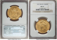 Pedro II gold 20000 Reis 1853 MS61 NGC, Rio de Janeiro mint, KM468, LMB-673. First year of issue, the example offered showing crisp and lustrous golde...