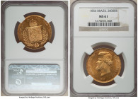 Pedro II gold 20000 Reis 1856 MS61 NGC, Rio de Janeiro mint, KM468, LMB-676. Sharply struck with fresh dies, where one can see the die-polish lines ac...