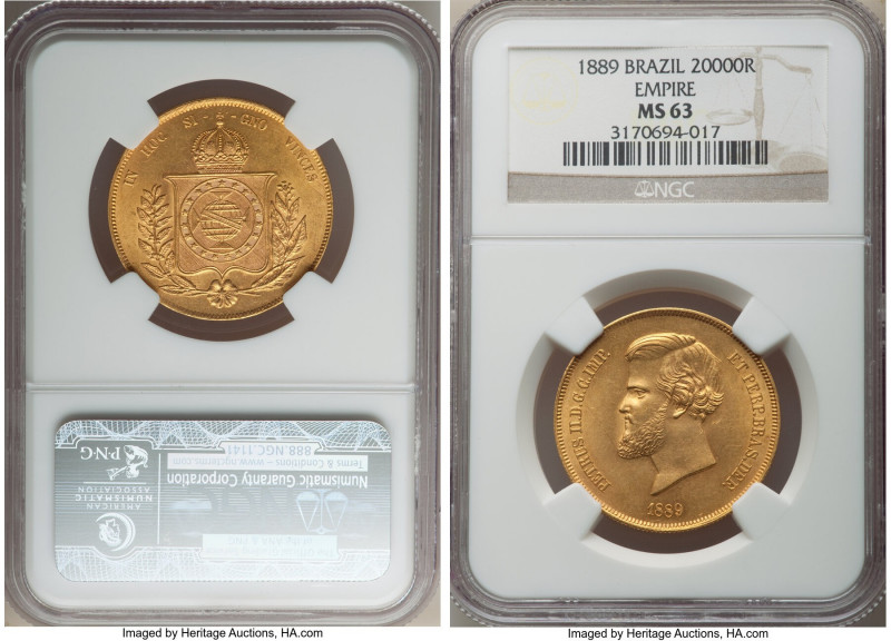 Republic gold 20000 Reis 1889 MS63 NGC, Rio de Janeiro mint, KM468, LMB-687. The...